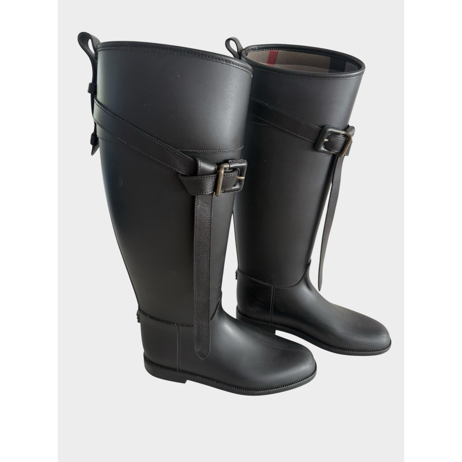 Burberry Nova Check Knee High Rubber Rain Boots Leather Trim Eu 38